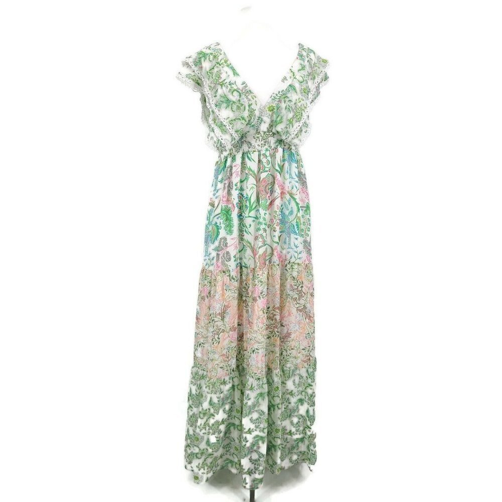 New House of Harlow Floral Maxi Dress Womens Medium Green Pink Tiered Revolve